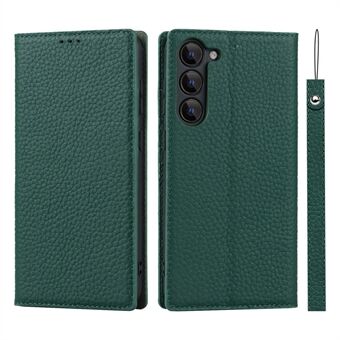 Til Samsung Galaxy S23 Stødsikker Litchi Texture Phone Case Flip Ægte læder Stand Telefonbeskyttelsescover med håndstrop