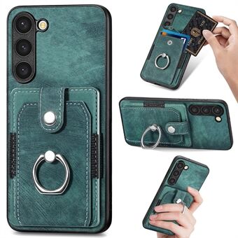 D2 Til Samsung Galaxy S23 etui med ring kickstand, læder+TPU telefoncover med kortholder.