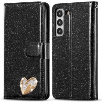 Til Samsung Galaxy S23+ Glitter Læderetui med Diamant Kærlighedshjerte Pung Stativ Flip Cover