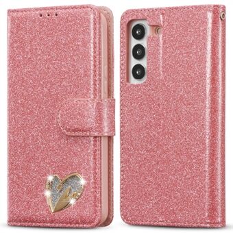 Til Samsung Galaxy S23+ Glitter Læderetui med Diamant Elsker Hjerte Pung Stativ Flip Cover