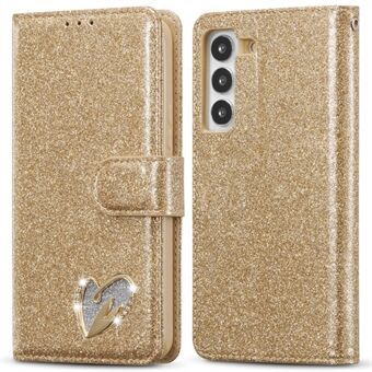 Til Samsung Galaxy S23+ Glitrende Læderetui med Diamant Kærlighedshjerte Wallet Stand Flip Cover