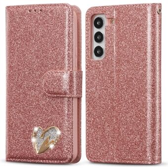 Til Samsung Galaxy S23+ Glitter Læder Etui med Diamant Kærlighedshjerte Pung Stand Flip Cover