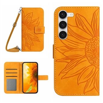 Til Samsung Galaxy S23 Plus HT04 påtrykt solsikke PU læderetui Stand Skin-Touch telefoncover med skulderrem