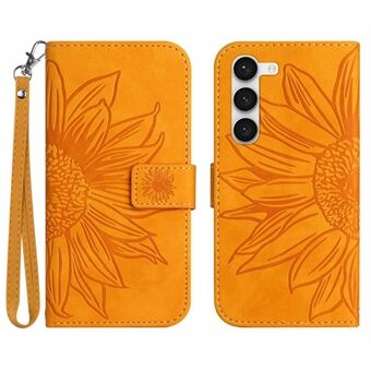 Til Samsung Galaxy S23+ HT04 Flip Wallet Cover Skin-Touch-påtrykt solsikke Ridsefast Stand med håndstrop