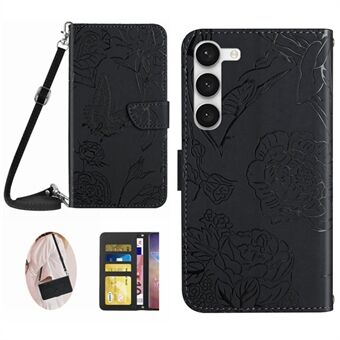 Til Samsung Galaxy S23+ HT03 Skin-touch PU læder pung telefonetui Sommerfugleblomster præget Stand Magnetisk foliocover med skulderrem