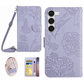 Til Samsung Galaxy S23+ HT03 Skin-touch PU læder pung telefonetui Sommerfugleblomster præget Stand Magnetisk foliocover med skulderrem