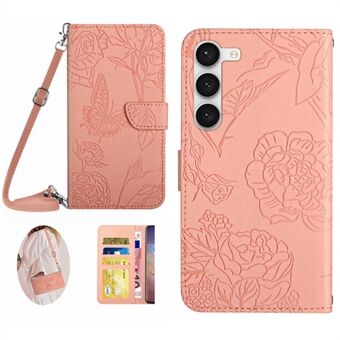 Til Samsung Galaxy S23+ HT03 Skin-touch PU læder pung telefonetui Sommerfugleblomster præget Stand Magnetisk foliocover med skulderrem