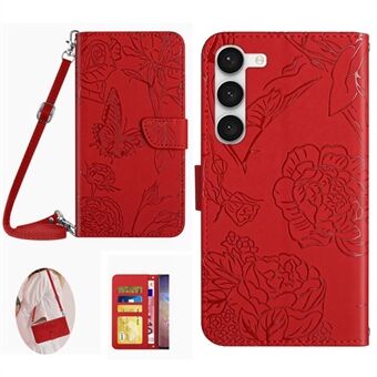 Til Samsung Galaxy S23+ HT03 Skin-touch PU læder pung telefonetui Sommerfugleblomster præget Stand Magnetisk foliocover med skulderrem