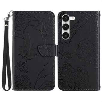 Til Samsung Galaxy S23+ HT03 Pung-etui med påtrykte sommerfugleblomster Skin-touch PU-læder Magnetisk Flip Stand Telefoncover med rem