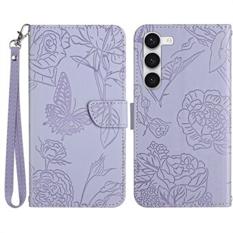 Til Samsung Galaxy S23+ HT03 Pung-etui med påtrykte sommerfugleblomster Skin-touch PU-læder Magnetisk Flip Stand Telefoncover med rem