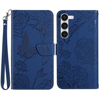 Til Samsung Galaxy S23+ HT03 Pung-etui med påtrykte sommerfugleblomster Skin-touch PU-læder Magnetisk Flip Stand Telefoncover med rem