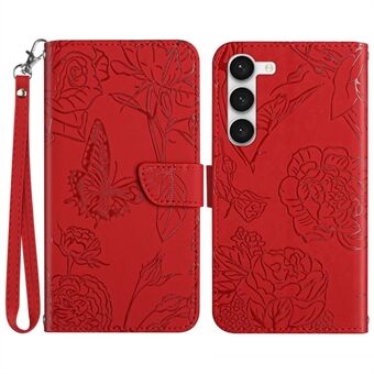 Til Samsung Galaxy S23+ HT03 Pung-etui med påtrykte sommerfugleblomster Skin-touch PU-læder Magnetisk Flip Stand Telefoncover med rem