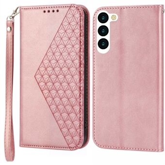 Til Samsung Galaxy S23+ kalvetekstur præget Rhombus PU-læderetui Pung Folio Flip Stand Cover med rem