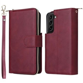 Til Samsung Galaxy S23+ Fuld Stand Pung Flip-etui PU-læder Magnetisk 9 kortholderslots Lynlåslommecover med rem