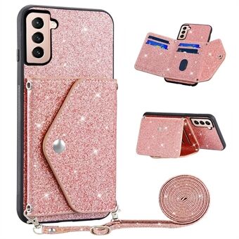 Til Samsung Galaxy S23+ Kickstand Kortholder Glitter Telefon Case Lædercoated TPU Cover med skulderrem