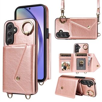 002 Anti-drop Shell til Samsung Galaxy A54 5G, Ring Kickstand-kortholder-taske i litchi tekstur læder+TPU-telefon-etui med skulderrem.