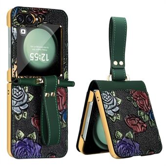 Til Samsung Galaxy Z Flip5 5G Kickstand-etui med blomster mønster læder+PC telefoncover og bagfilm