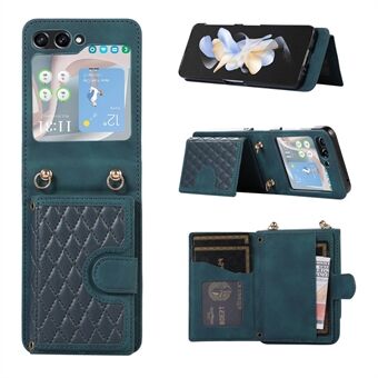 Grid Imprinted Protective Wallet Case til Samsung Galaxy Z Flip5 5G PU læder pc-telefoncover med skulderrem