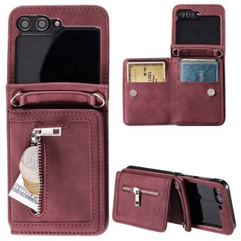 For Samsung Galaxy Z Flip5 5G-etui med kickstand, kortholder, telefonlædercover med håndrem.