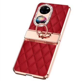 Til Huawei P50 Lommeindgraveret læderbelagt PC-telefonetui med rhinestone ring-kickstand og elektroplateret telefoncover