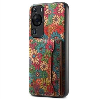 Til Huawei P60 / P60 Pro Cover i PU læder med kortholder, Blomstrende blomstermotiv på bagsiden af telefonen.