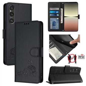 YB Imprinting Series-9 til Sony Xperia 1 V Etui Stand View Læder Telefoncover Kat Mus Mønster