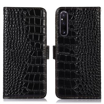 Pungtelefonetui til Sony Xperia 1 V, Crocodile Texture RFID- Stand Ægte okselæder telefoncover