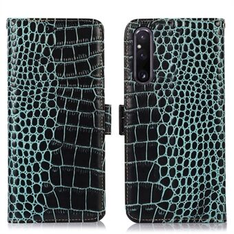 Pungtelefonetui til Sony Xperia 1 V, Crocodile Texture RFID- Stand Ægte okselæder telefoncover