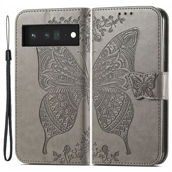 Stilfuld Butterfly Flower Pattern pungestativ telefon-etui med prægning lavet af læder til Google Pixel 6