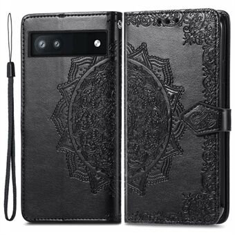 Telefon Flip Cover til Google Pixel 6a Præget Mandala Blomst Blød PU Læder Pung med Rem