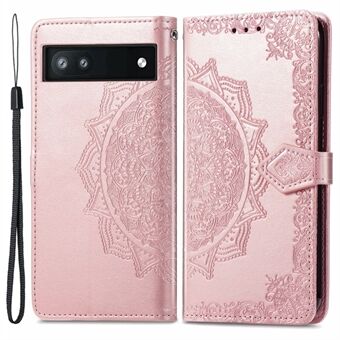 Telefon Flip Cover til Google Pixel 6a Præget Mandala Blomst Blød PU Læder Pengepung med Rem