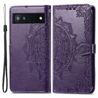 Telefon Flip Cover til Google Pixel 6a Embossed Mandala Flower Blød PU-læderpung med rem.