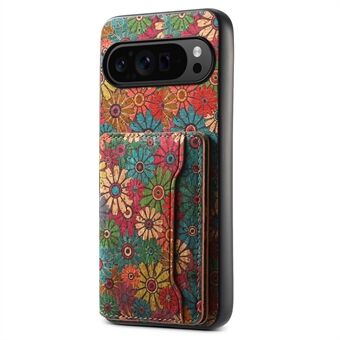 For Google Pixel 9 Pro Kickstand-etui Blomstermønster Kortholder PU + TPU + PC Telefoncover