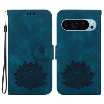 For Google Pixel 9 Pro XL-etui Lotus præget læderstander telefoncover