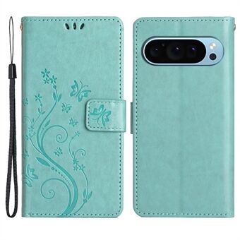 Til Google Pixel 9 Pro-etui i læder med sommerfugleblomsterdesign, flip-klap-lommebogstelefoncover.