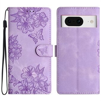 For Google Pixel 8 Etui PU Læder Pung Telefon Cover Præget Sommerfugle Blomster Håndledsrem