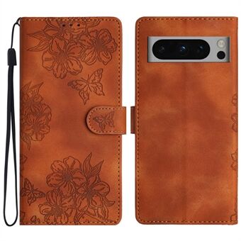 For Google Pixel 8 Pro Etui PU-Læder Flip Beskyttende Telefoncover Præget Sommerfugleblomster