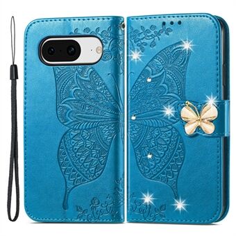 Til Google Pixel 8 Etui Sommerfugl Blomst Læder Telefon Cover 3D Rhinsten Dekor