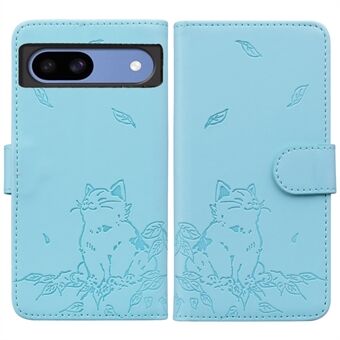 Til Google Pixel 8a Etui Tegnebog med Kattelogo Præget Læder Telefoncover