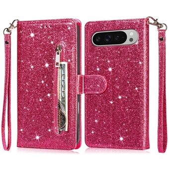 Til Google Pixel 9 Pro XL Stand Case Glitter Telefonlæderetui med Lynlåslomme