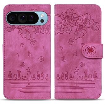 Til Google Pixel 9 / Pixel 9 Pro Etui Flip Stand Læder Telefoncover Kirsebærblomst Kat Præget