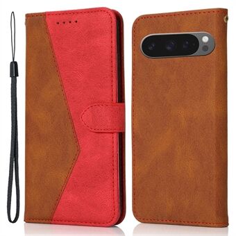 Til Google Pixel 9 Pro XL Cover Farvesammensat Wallet Stand Læder Telefon Etui med Håndledsrem