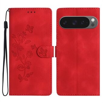 Til Google Pixel 9 Pro XL-etui i læder med indprentede blomster, telefoncover og pung med håndledsrem