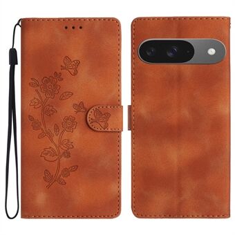 Til Google Pixel 9 / Pixel 9 Pro Etui Læder Imprægneret Blomst Telefon Cover Pung med Håndledsrem