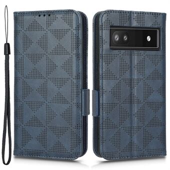 For Google Pixel 6a Indgraveret Trekantmønster Flip Mobiltelefon Etui med Stativ Wallet PU Læder Telefon Taske med Rem.