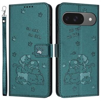 Til Google Pixel 9 Pro / Pixel 9 Etui med Rem Kattepræget Læderpung Telefoncover - Sortgrøn