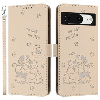 Til Google Pixel 8a Etui med Rem Katte Prægning Læder Tegnebog Telefon Cover