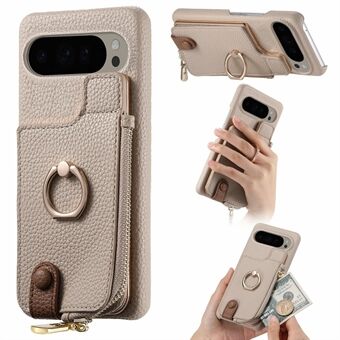 Til Google Pixel 9 Pro XL Etui Kort Holder Støtteben Læder+TPU Telefon Cover med Lynlåslomme