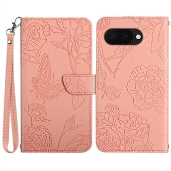 HT03 Til Google Pixel 9a Etui Sommerfugl Blomst Præget Læder Telefoncover med Rem