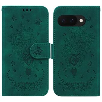 Til Google Pixel 9a Etui PU Læder Pung Telefon Cover Med Sommerfugl og Blomster Prægning